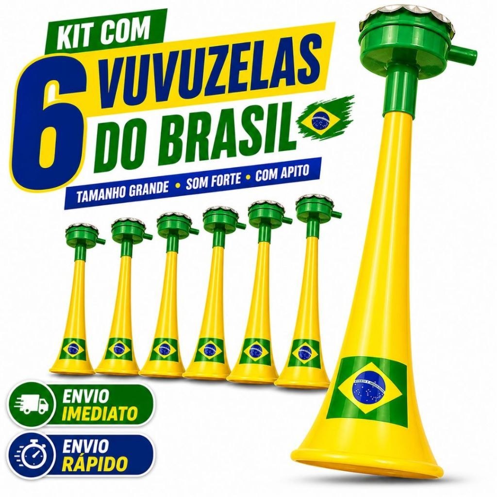 - Kit 6 Vuvuzelas Bandeira do Brasil Grande Com Apito | Corneta Torcida Copa do Mundo Bras