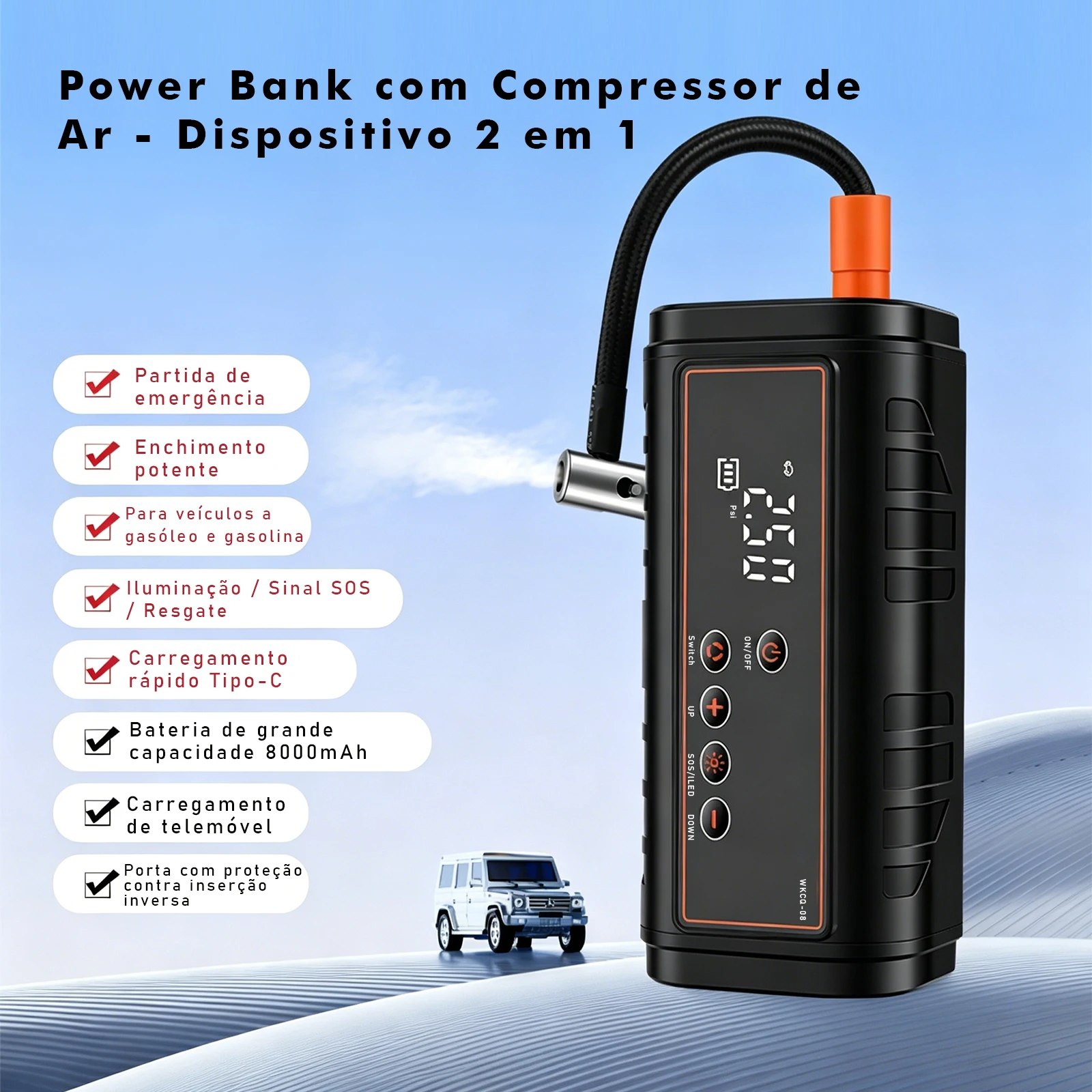 Auxiliar de Partida Automotiva 2 em 1 com Compressor de Ar, Power Bank 8000mAh, Inflador d