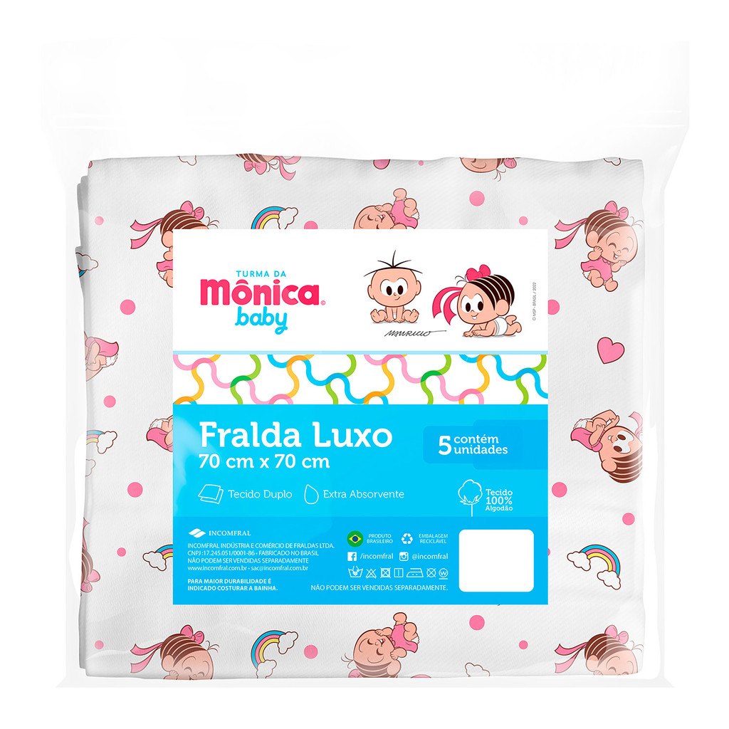 🛍️ Kit 5 Fraldas de Pano Luxo para Bebê Turma da Mônica Baby