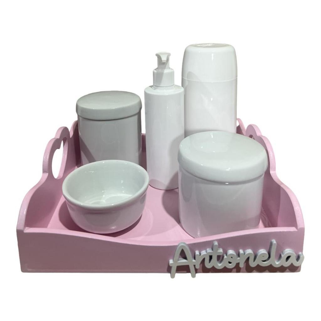 🛍️ Kit Higiene Bebe Porcelana Bandeja Pinus Coração Rosa Nome Personalizado