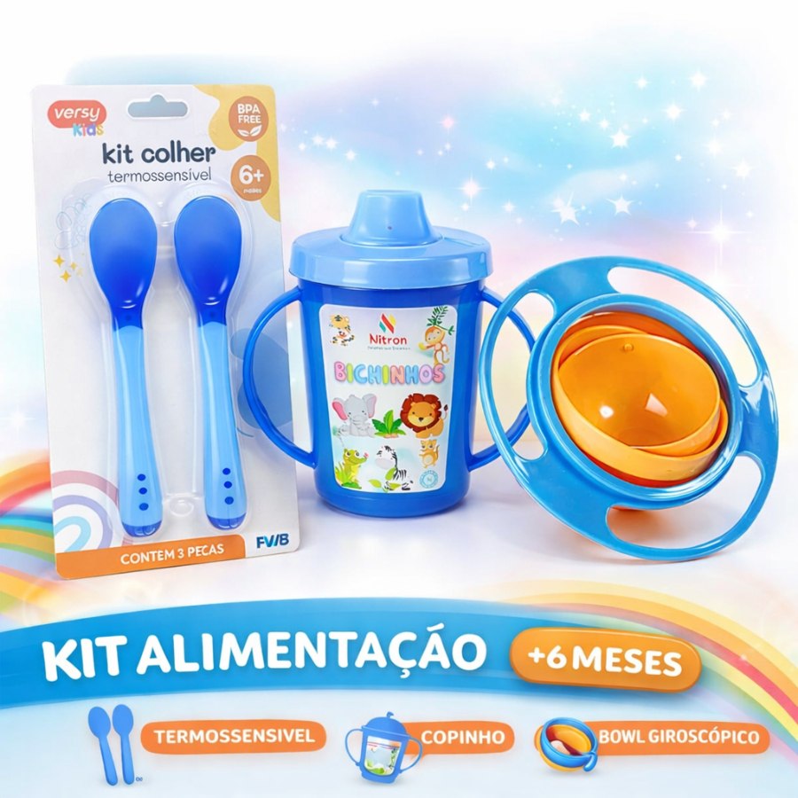 🛍️ Kit Alimentação Bebê 3 Itens Copo Infantil + Colher Termossensível + Bowl Giratório An