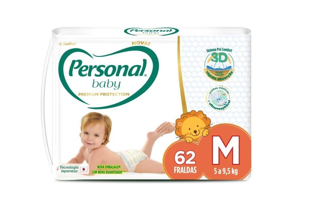 🫧 Personal Fralda Baby Premium Protection M, 62 Unidades