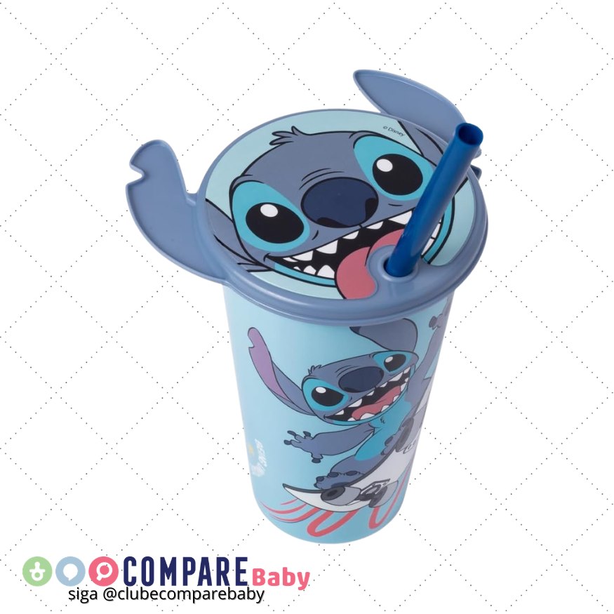 😍 Copo com Tampa Rosto Stitch e Canudo 500 ml Plasútil