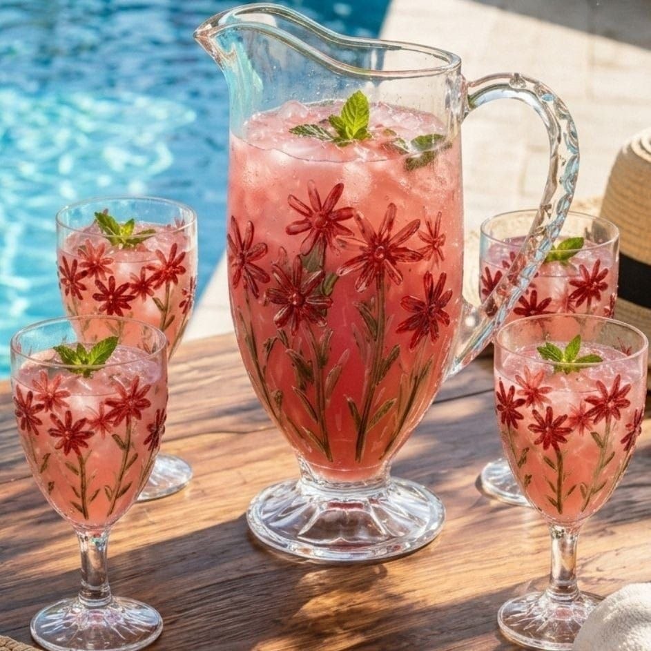 Conjunto Jarra com 6 Taças Red Flower 1,3L/320ml Cristal Wolff