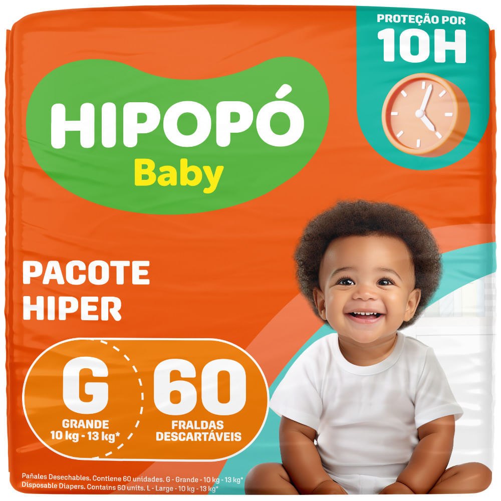 🛍️ Fralda Hipopó Baby Tamanho G Pacote Hiper 60 Unidades Descartáveis