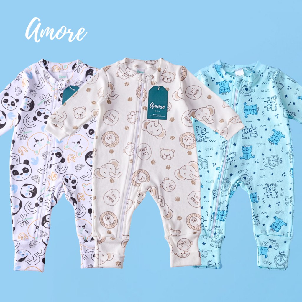 🛍️ Kit 3 Macacões Bebê Amore Vira Pé com Zíper Mais Vendidos Menino 100% Algodão