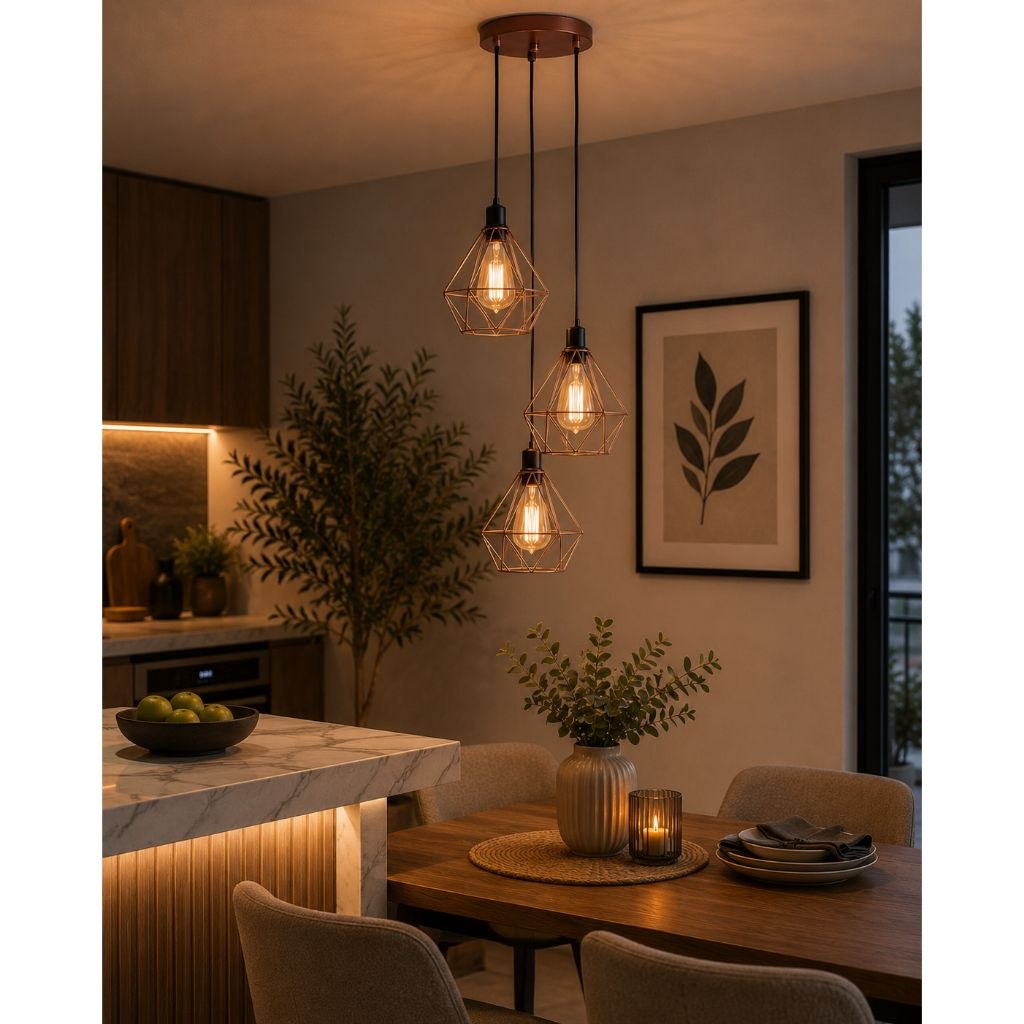 - Luminária Teto Conjunto Lustre Pendente Diamante Triplo e-led Aramado Cozinha Sala Quart