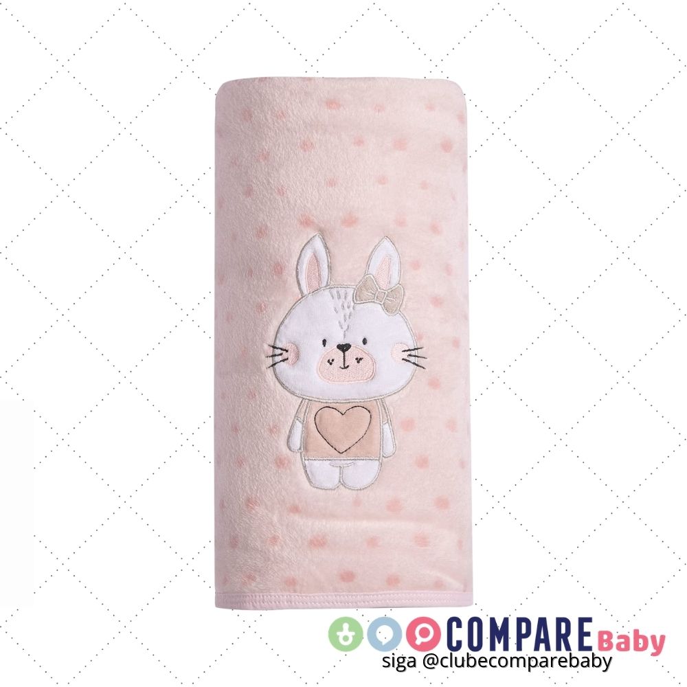 😍 Cobertor Bordado de Microfibra Papi Friends 1.10m x 90cm 1 Unidade, Coelhinha Nina