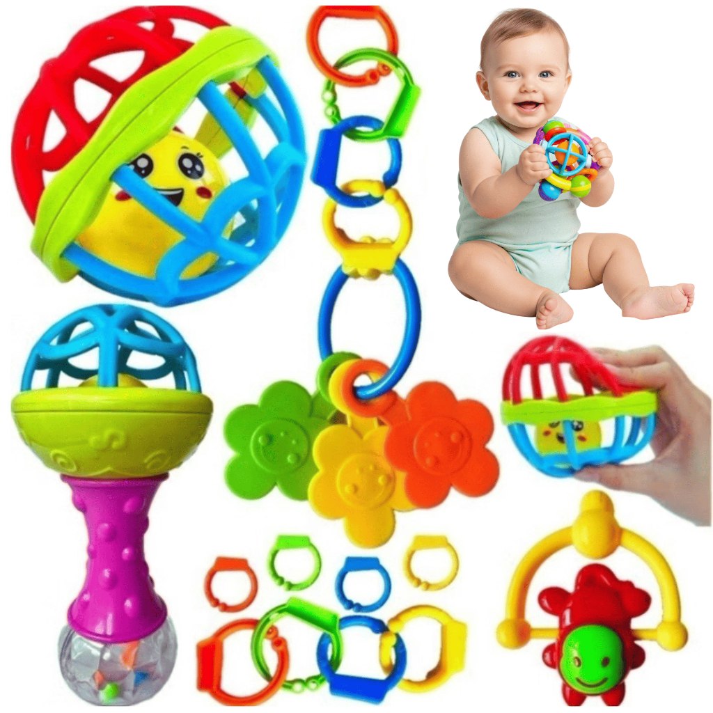 🛍️ Kit Chocalho 8 Peças Mordedor Bebê Brinquedo Sensorial Macio Presente Para Menina e Me