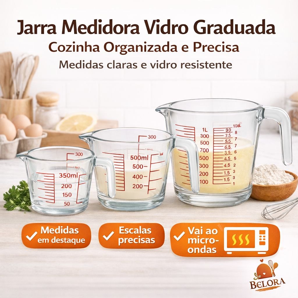 - Jarra Medidora Vidro Graduada Cozinha Organizada e Precisa Opção 350ml 500ml 1000ml