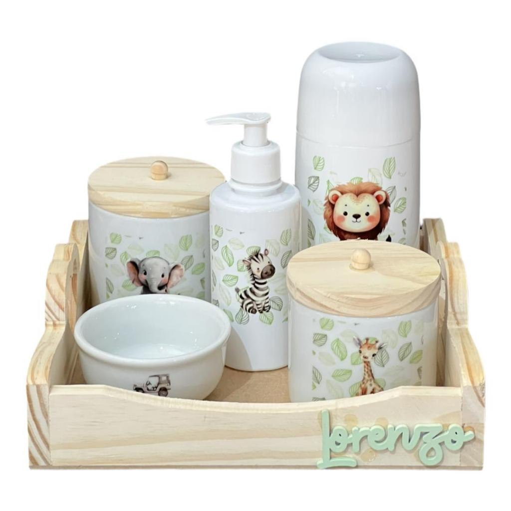 🛍️ Kit Higiene Bebê Porcelana Safari Bandeja Pinus Adesivo Dtf Uv Com Nome Personalizado