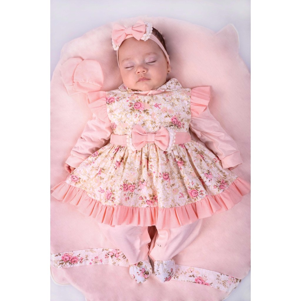 🛍️ Saída Maternidade Menina Pompom Floral Salmão 05 Peças Roupa de Bebê Menina