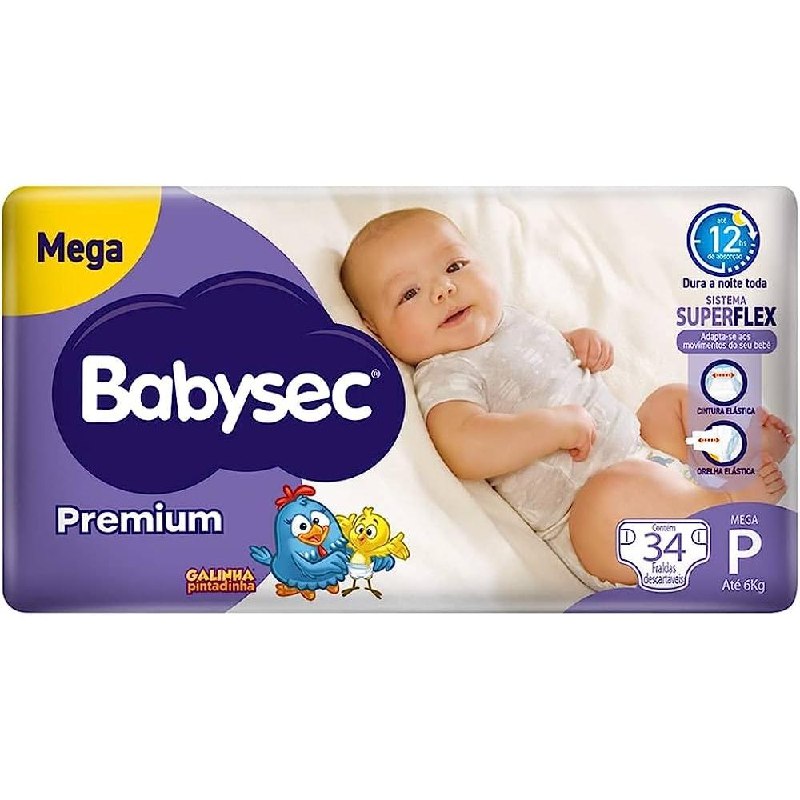 🛍️ Fralda Descartável Babysec Galinha Pintadinha Premium Mega P - 34 Unidades