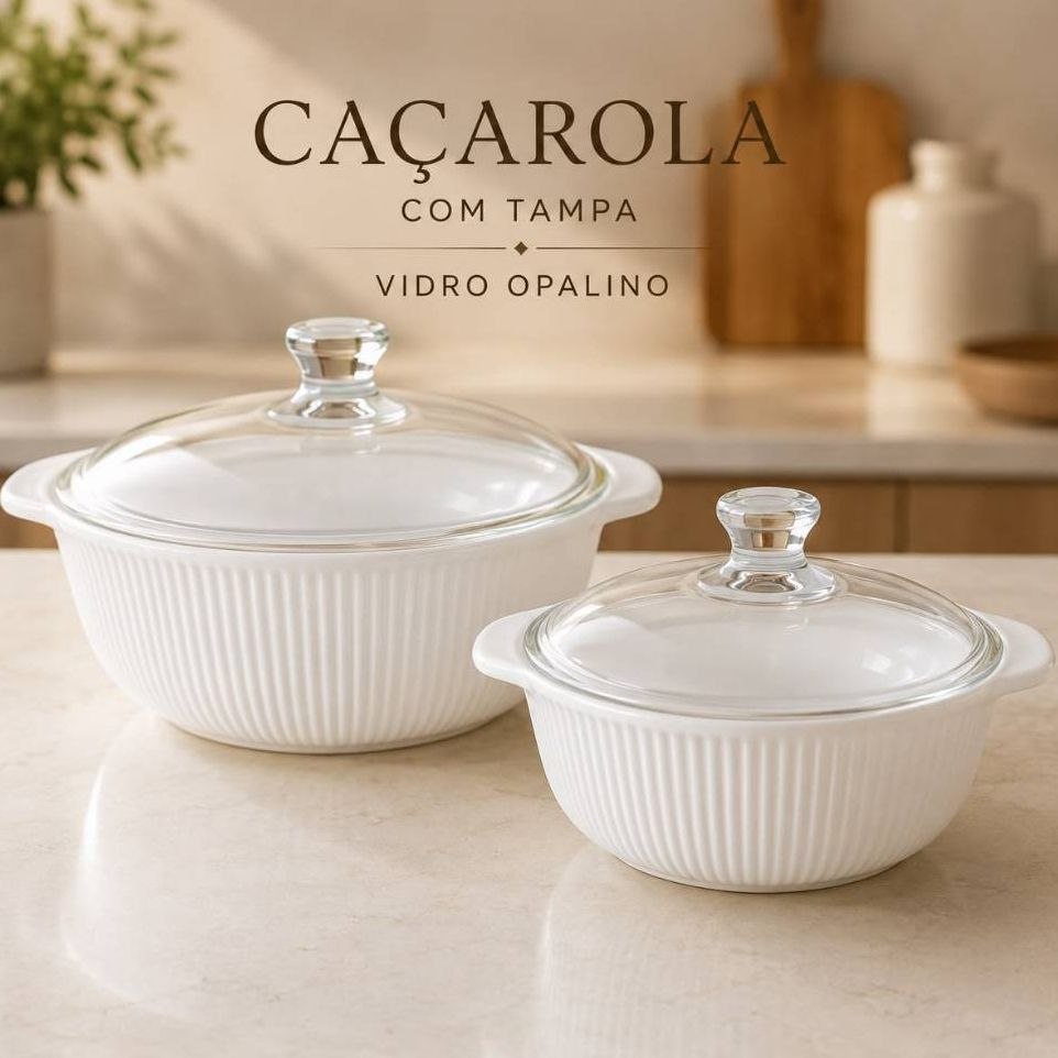 - Caçarola/Tigela com Tampa Vidro Opalino Wolff 1L e 1,5L Branca Alto Relevo Canelado Serv