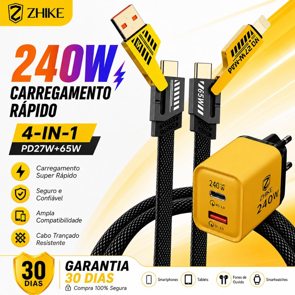 🛍️ Kit Cabo Carregador Carregamento Rápido 4 Em 1 USB Tipo C Para iP 1M Trança Nylon Com