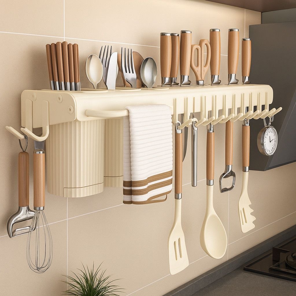 - Porta Facas Prateleira Rack para Cozinha de Parede 50cm com Ganchos Toalheiro Organizado