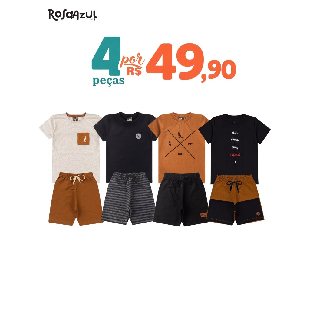 🛍️ Kit 4 Peças Conjunto Infantil Bebê Menino Verão Algodão Promoção  2 Camisas 2 Shorts E