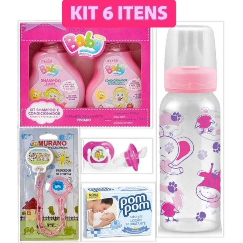 🛍️ Kit Mamãe bebê Higiene Alimentação 6 itens Mamadeira 240 ml +Shampoo Condicionador pre