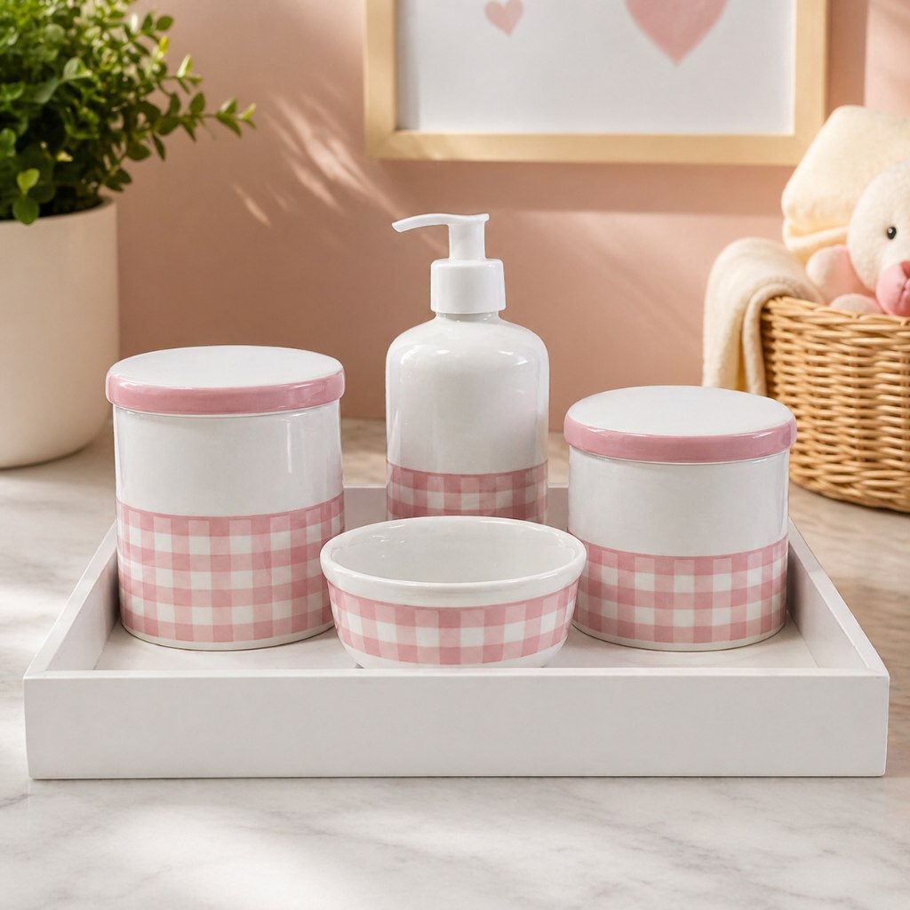 🛍️ Kit Bebe Porcelana Higiene Menina Menino Rosa Verde Maternidade Xadrez Delicado