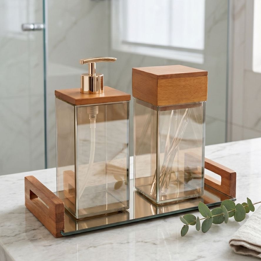 - Kit Banheiro Lavabo Premium Saboneteira 500ML Porta Escova Com Tampa Bandeja Vidro Madei