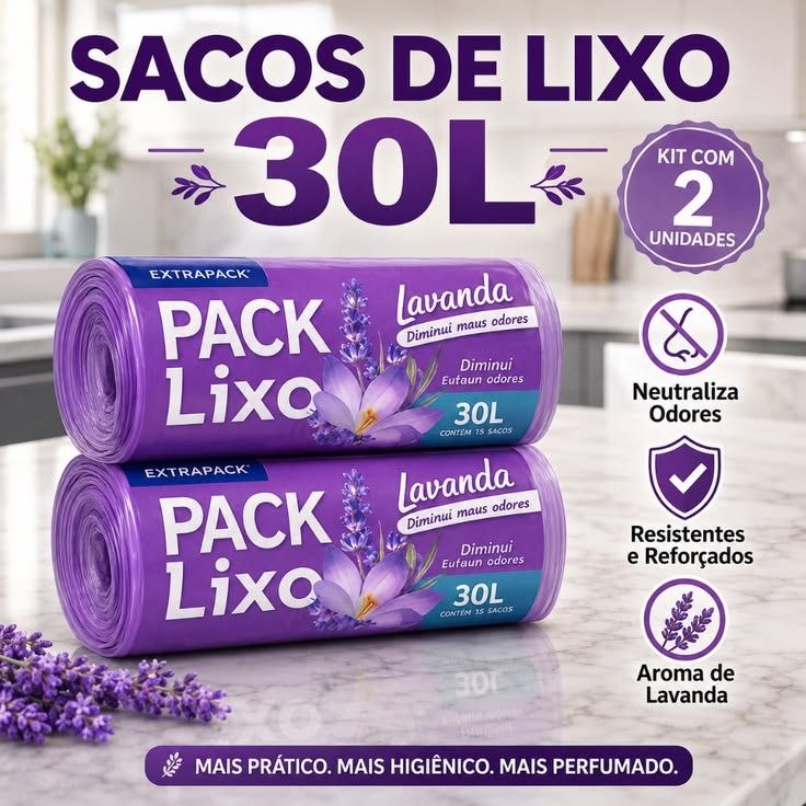 - 2 Saco Lixo 80 Unidades Banheiro e Cozinha Perfumado Lilás Lavanda Anti Inseto 34 cm x 3