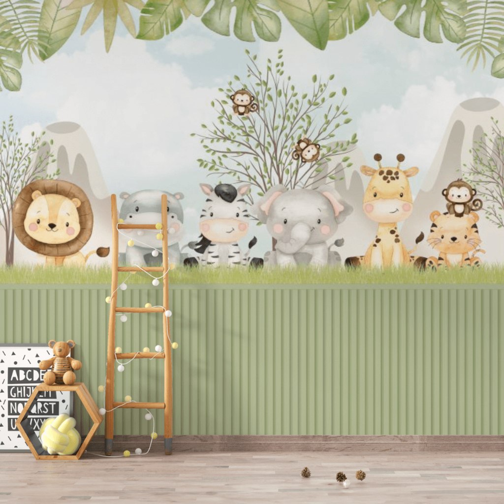 🛍️ Papel de Parede Safari Animais Fofinhos - Infantil - Quarto de Bebê Fofo Decor m² (orç