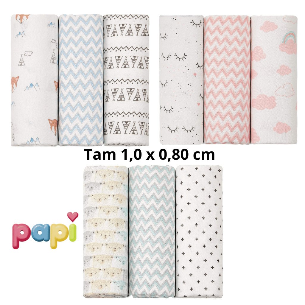 🛍️ Cueiro Bebe Flanelado Grande Papi Baby 1,0x80 Estampado 3 unidades Rolinho Charutinho