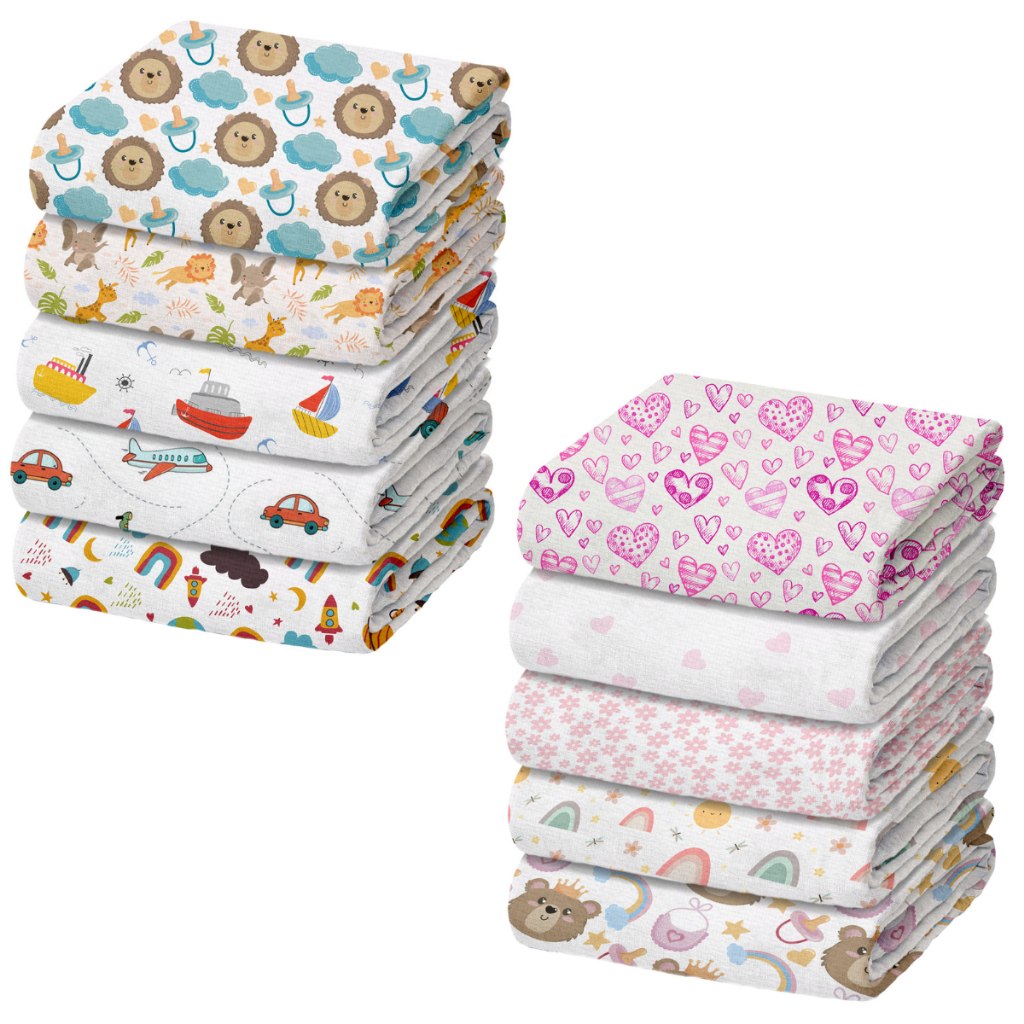 🛍️ Pacote com 5 Fraldas de Pano de Luxo Marca Minasrey Estampada para Bebês e Recém-Nasci