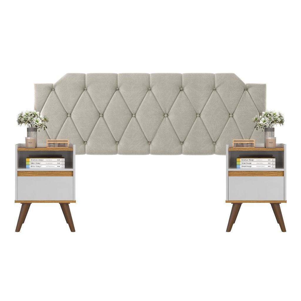 - Conjunto Mesa De Cab Com Gaveta + Cabeceira Estofada Box Para Cama Queen KELLY E KIT TED
