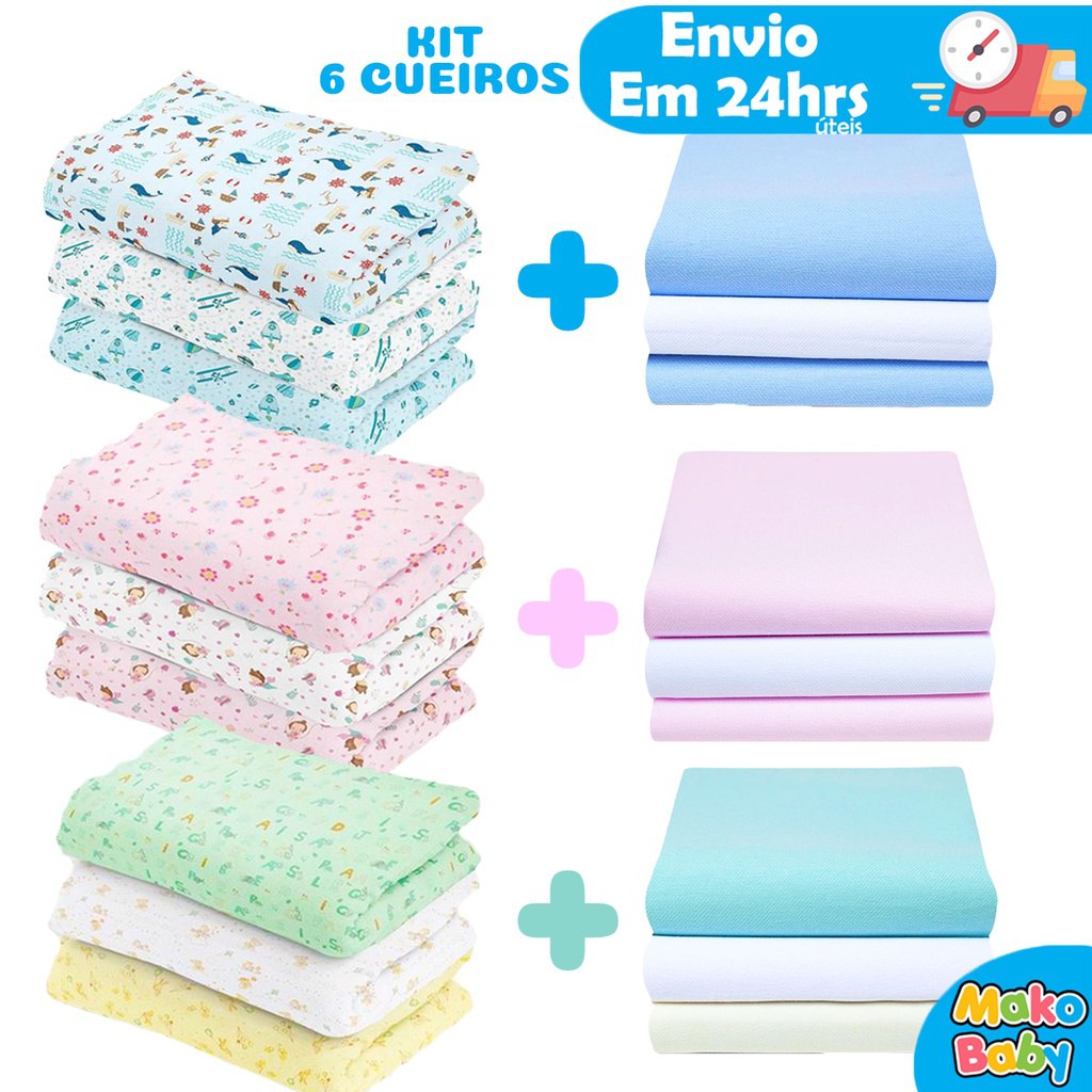 🛍️ Kit 6 Cueiro Bebê Flanelado Estampado e Liso 80cm x 50cm 100% algodão