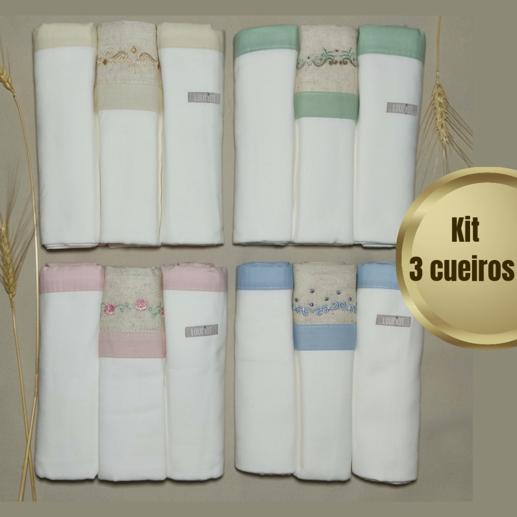 🛍️ Kit Cueiros bebê, manta, bordado, flanelado 80cm x 80cm 3 pçs 100% algodão.