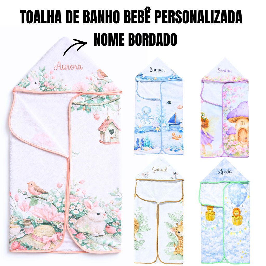 🛍️ Toalha de Banho Bebê Personalizada com Nome Bordado Capuz Forrada Fralda 100% Algodão
