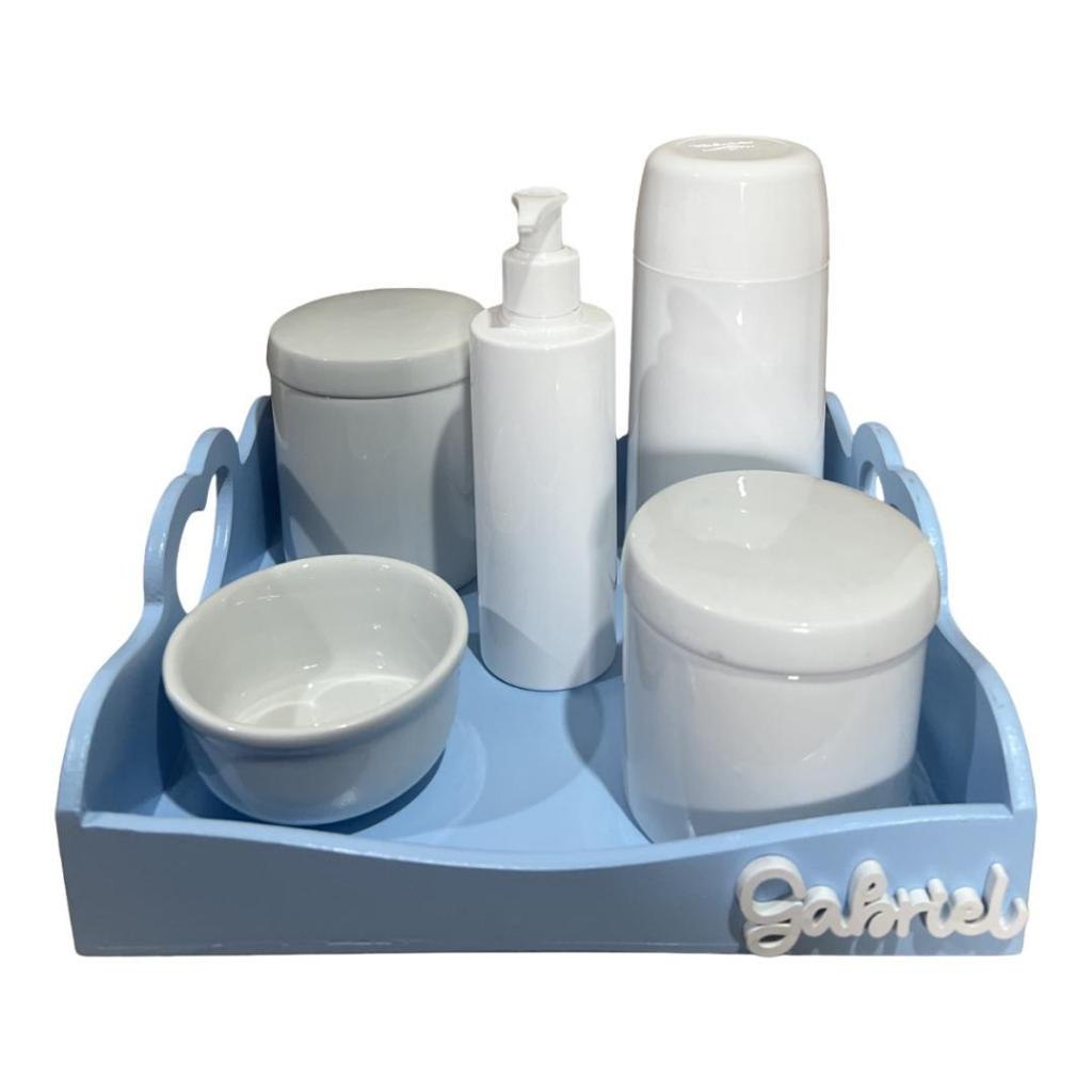 🛍️ Kit Higiene Bebe Porcelana Bandeja Pinus Coração Azul Nome Personalizado
