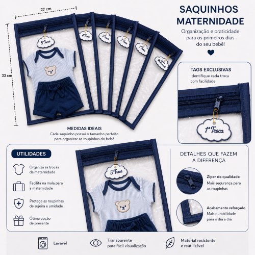 🛍️ 6 Saquinho Maternidade Organizador Viagem Mala Bebê  + 6 TAG MALA/VIAGEM/ROUPA SECA/RO