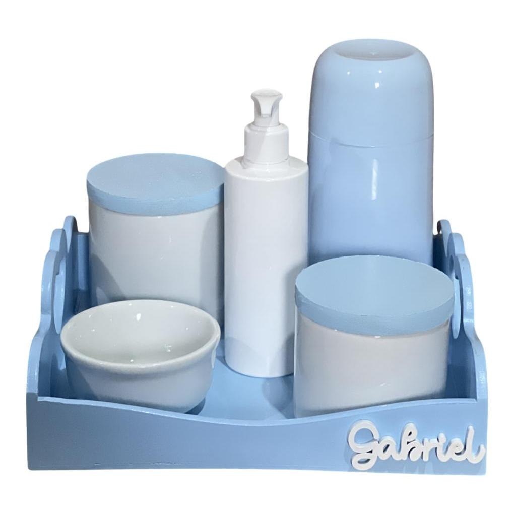 🛍️ Kit Higiene Bebe Porcelana Bandeja Pinus Coração Azul Nome Personalizado