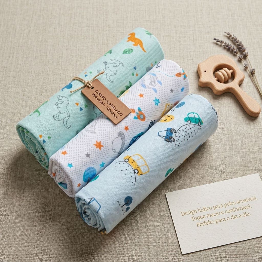 🛍️ Kit 3 Cueiros Flanelados Karinho 100x80cm Algodão Macio Bebê