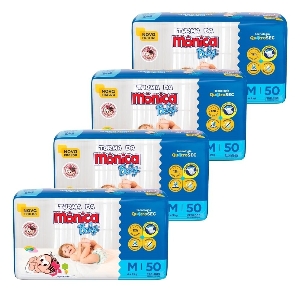 🛍️ Fralda Descartável Turma da Mônica Tamanho M - 4 Pacotes com 50 Fraldas - Total 200 Ti