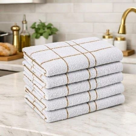 🛍️ 5 Pano Prato Cozinha Xadrez Branco c/ Dourado Grande Algodão Macio Laune Haus