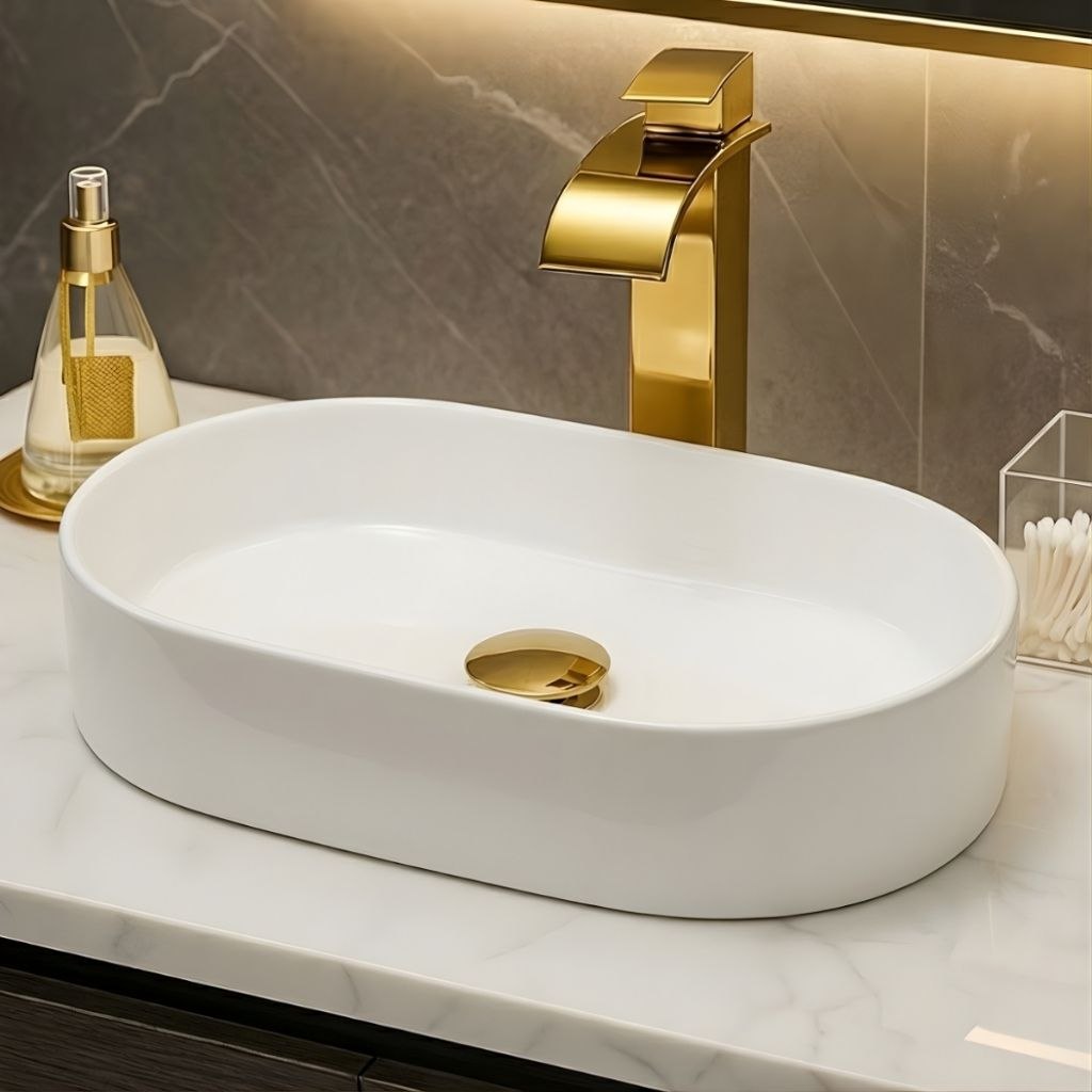 - *PROMOÇÃO* Pia Para Banheiro Cuba de Apoio 42cm Lavabo Retangular Mármore Sintético Bran