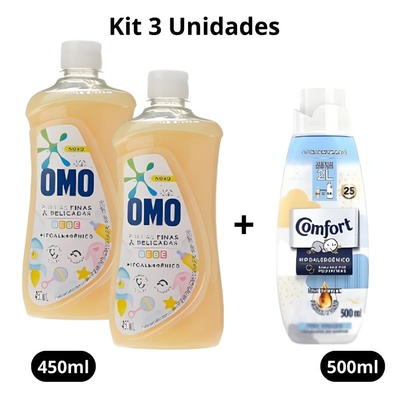 🛍️ Kit 2 Lava Roupas Omo Roupas Delicadas Bebê 450ml + 1 Amaciante Comfort Puro Cuidado 5