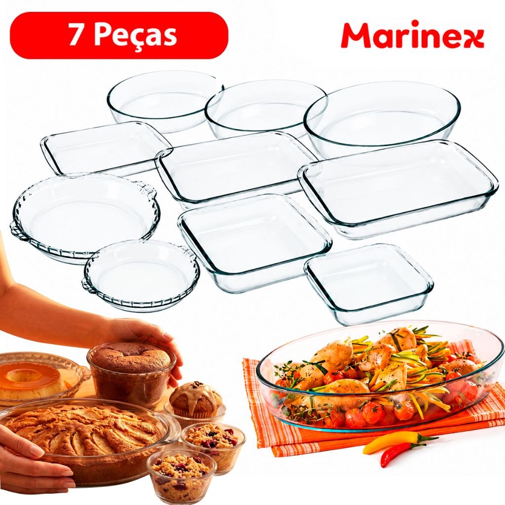- Conjunto Marinex  Kit  Jogo de Travessas 7 peças Variadas em Vidro Temperado próprias P/