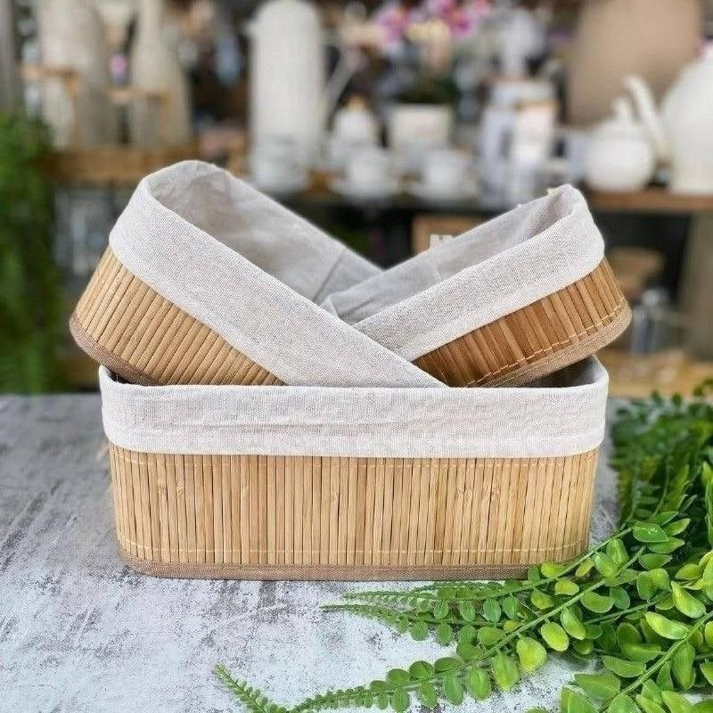 Conjunto de 3 Cestos Organizadores em Bambu com Forro, 33x23x12cm, 29x19x10cm, 25x15x8cm