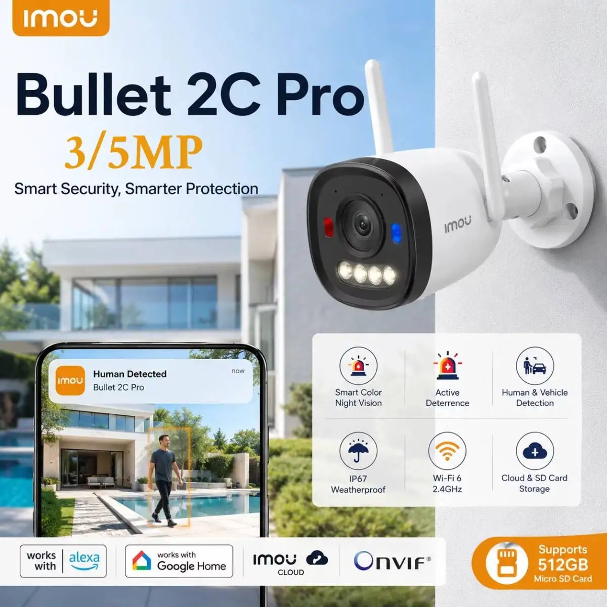 Câmera de Segurança IMOU Bullet 2C Pro 3MP 2K Wi-Fi 6 Externa, Detecção de Pessoas e Veícu