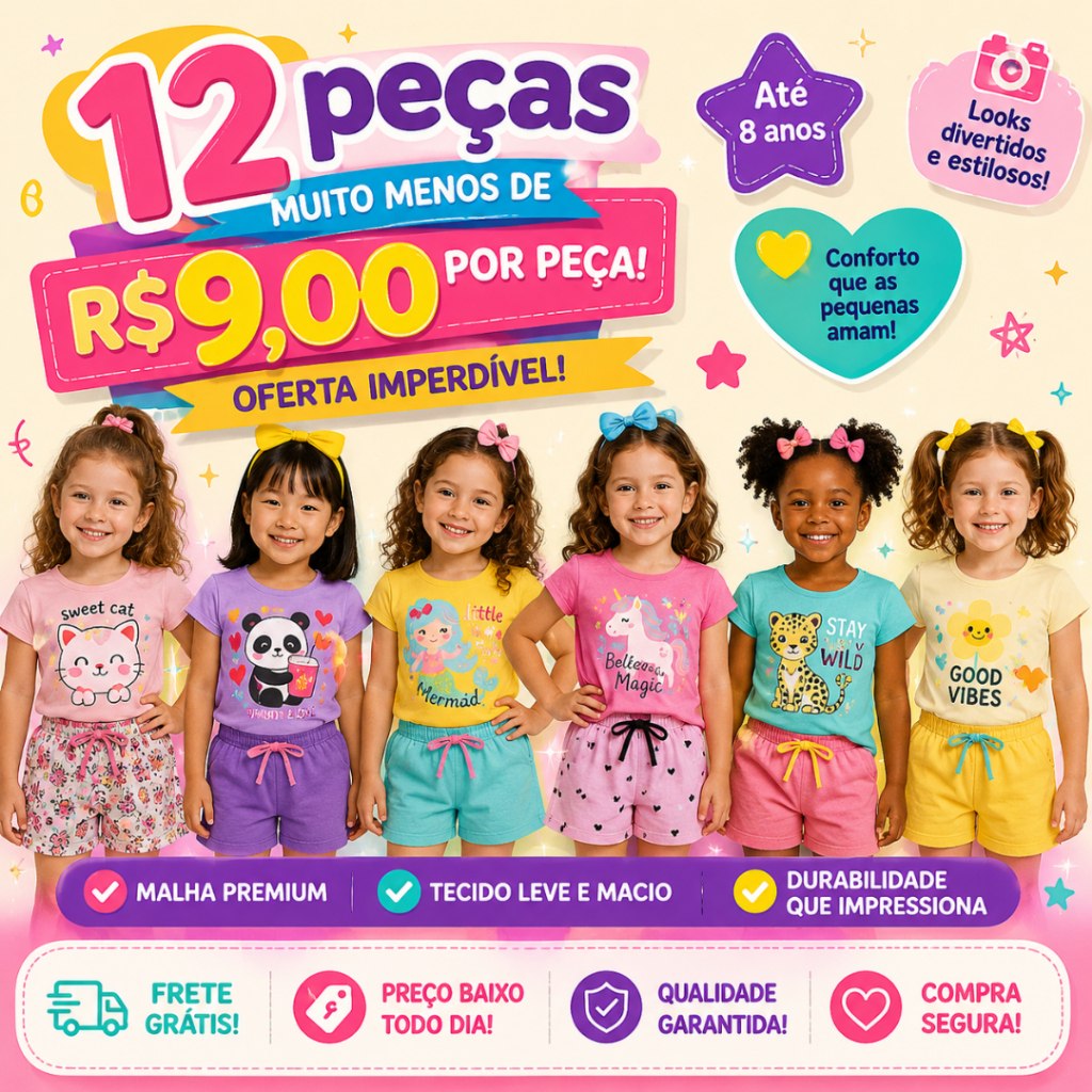 🛍️ Kit até 12 peças Conjunto Infantil Menina Verão Roupa Confortável Bebê Moda Criança Es