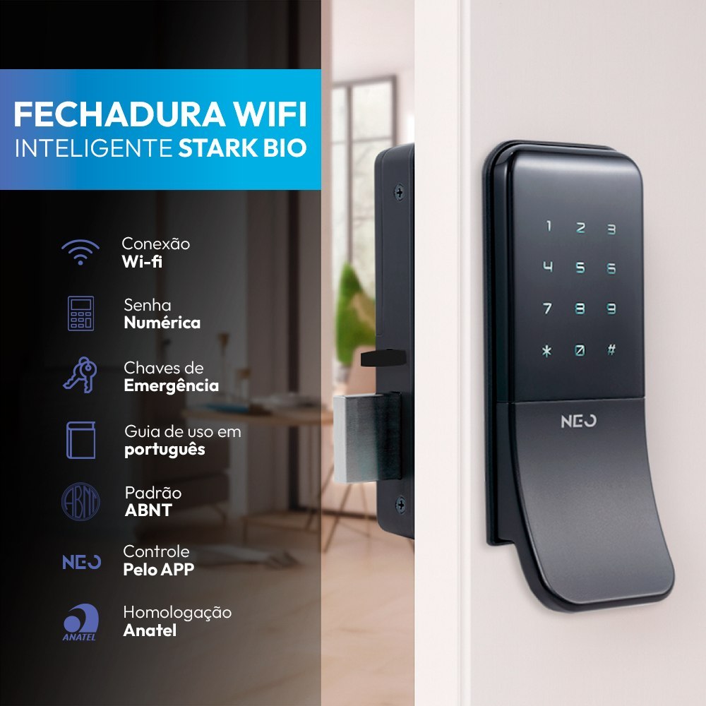 🎁 Fechadura inteligente Eletrônica Stark Digital Sobrepor Biometria Senha Tag Wi-fi Preto