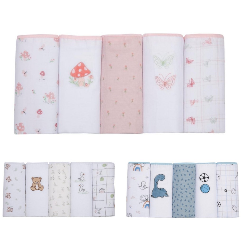 🛍️ FRALDA DE PANO SOFT PREMIUM PAPI BABY 80X 80 KIT C/ 05 UN ESTAMPADA E BORDADA PARA BEB