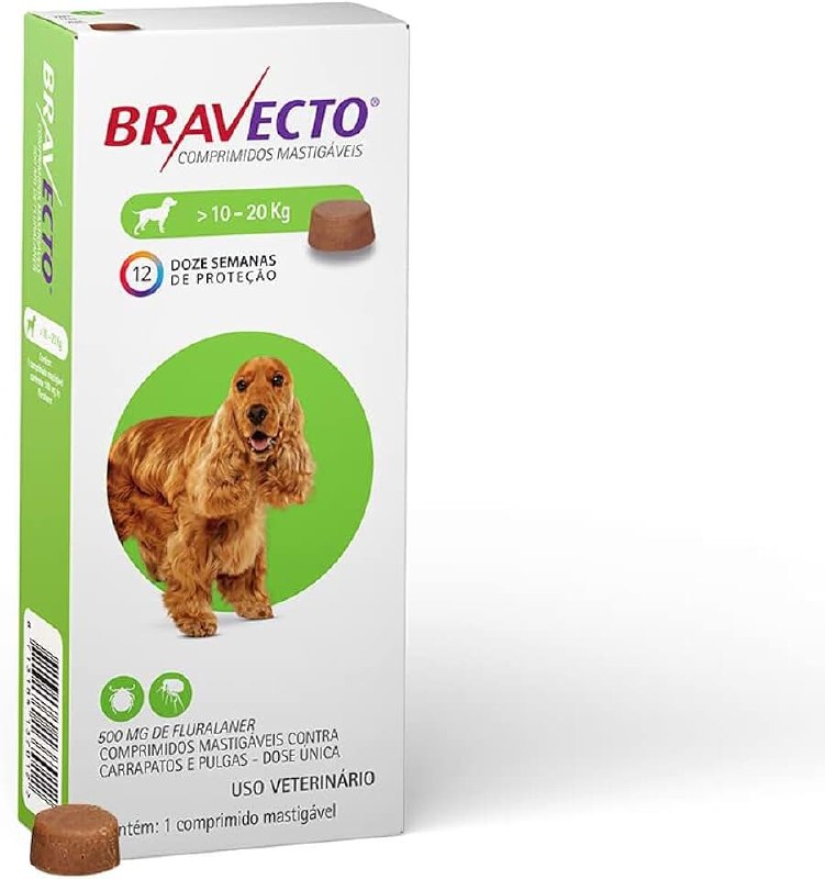 🛍️ Bravecto® 500mg Comprimido Mastigável Antipulgas e Carrapatos para Cães de 10 a 20kg -
