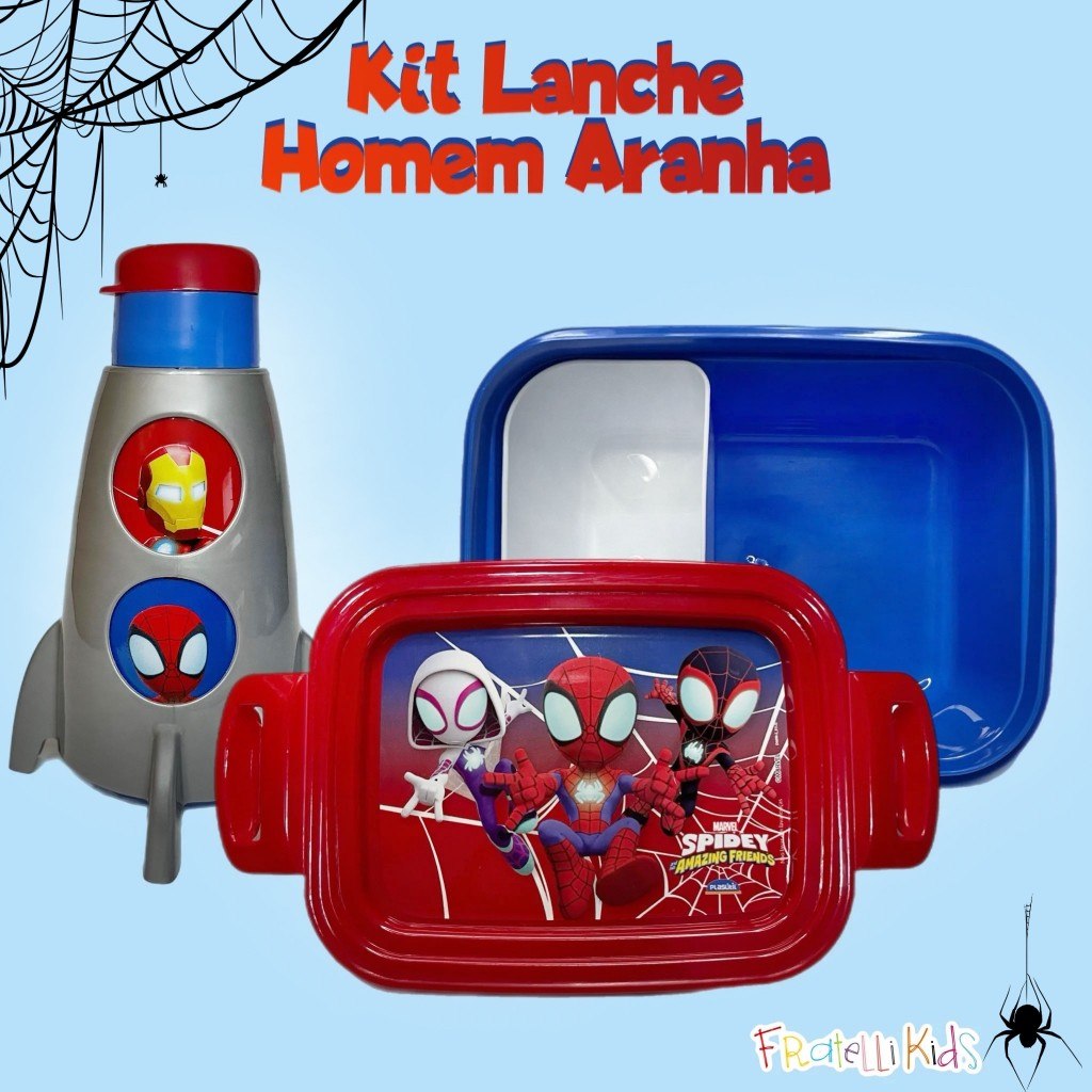 🛍️ Kit Lancheira Infantil Homem Aranha 2 itens Marmita + Garrafinha Foguete Conjunto Lanc