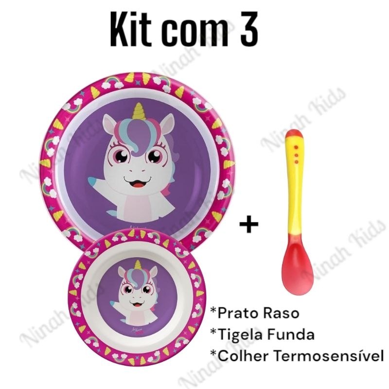 🛍️ KIT 3 Itens Refeição Infantil Bebe Prato Redondo + Pratinho Fundo + Colher Bebê Infant