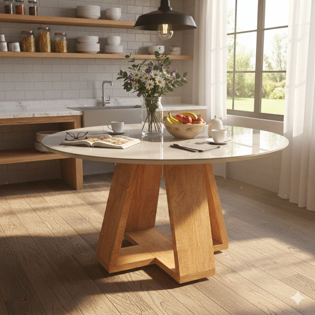 - Mesa de Jantar Redonda 90cm com Tampo de Vidro e Pés em MDF – Off White ou Preto